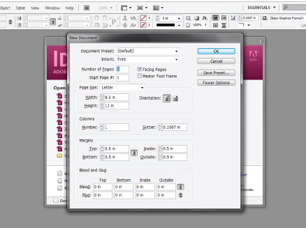This is the initial menu for InDesign, where you have the option at the bottom to set up your margins.